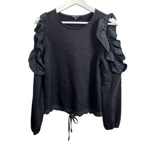 Sugar Lips Sweatshirt Womens S Black Ruffle Cold Shoulder Top Boho Casual Preppy